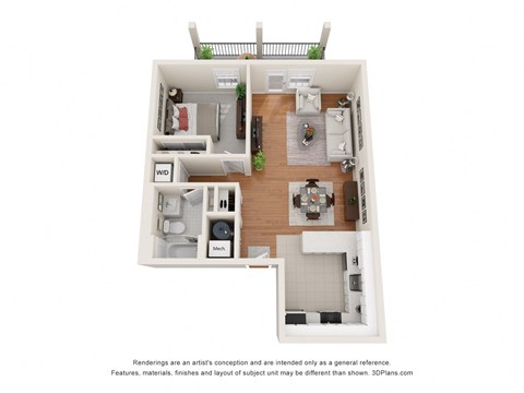 Floor plan for 1 bed, 1 bath, 708 sqft